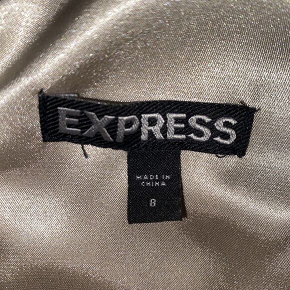 EUC Express Size 8 Champagne Polka Dot Satin Lined Fit & Flare Dress W/Pockets - Picture 14 of 16